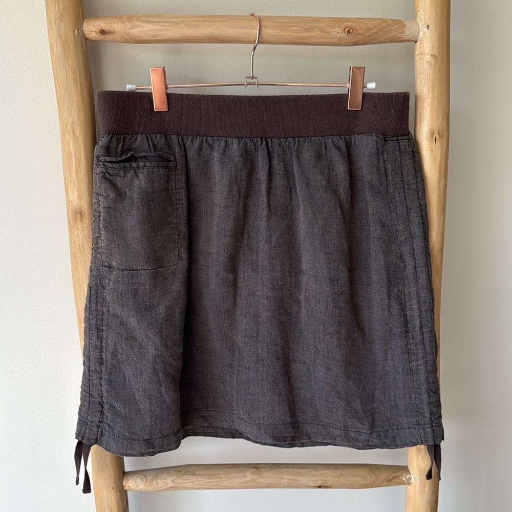 Toad & Co Lina Linen Mini Skirt Falcon Brown Cinchable Sides Elastic Waist M